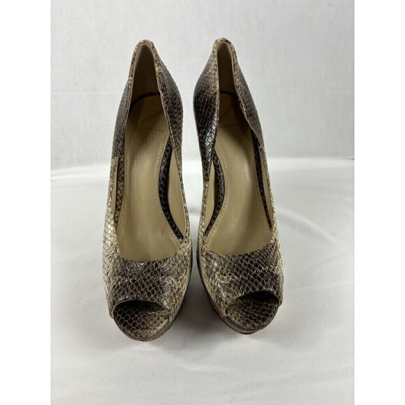 Brian Atwood Florencia Platform Heels Snake Print Brown Tan 8 Open Peep Toe - Picture 3 of 13